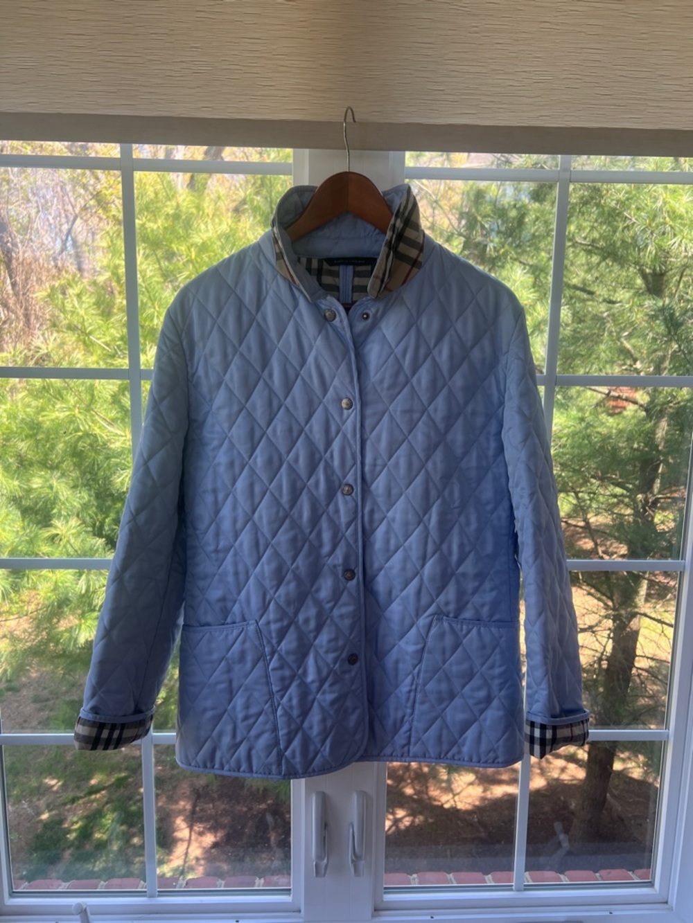 Burberry Light Blue Quilted Jacket with Check Trim